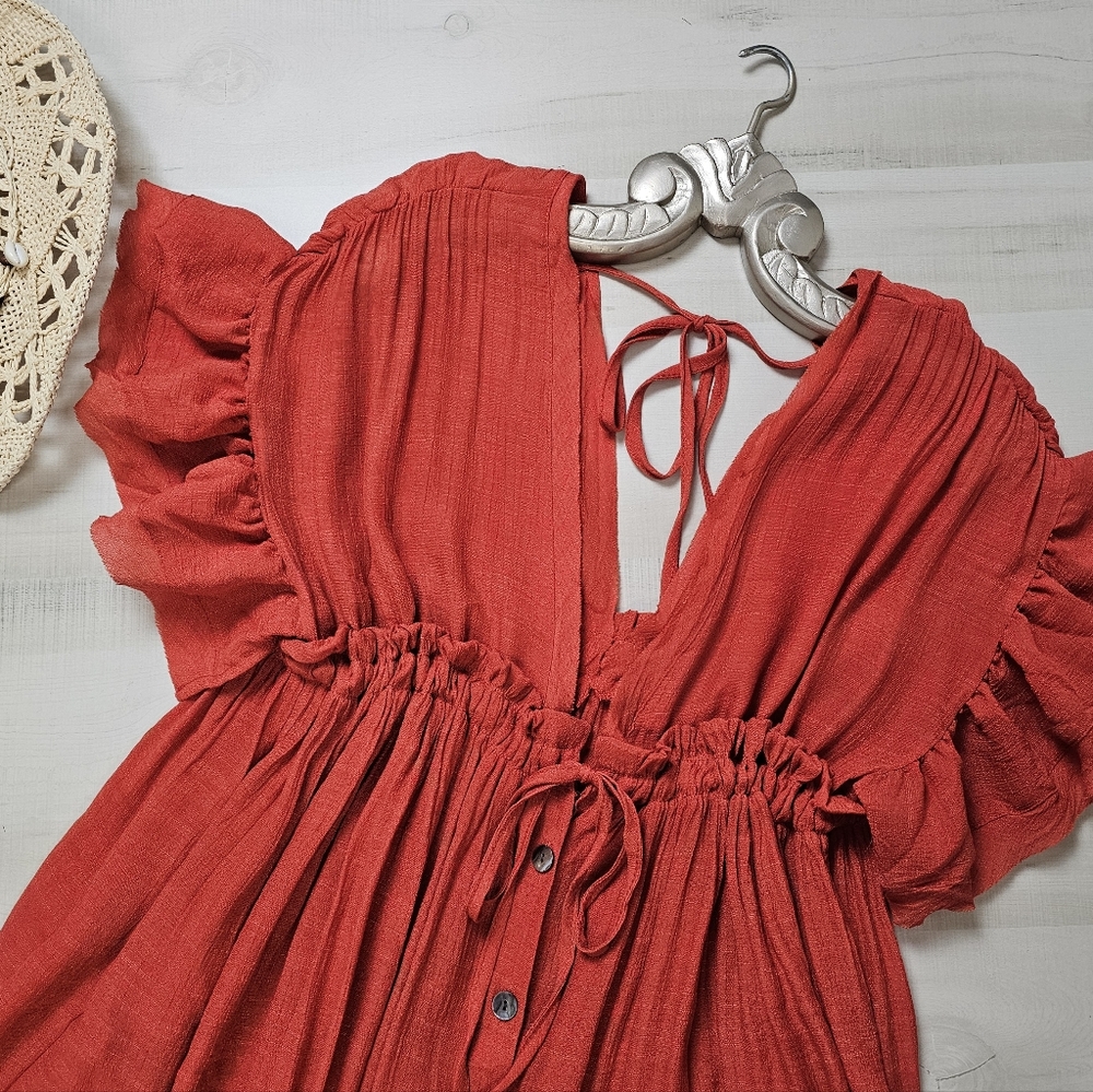 NEW Boho Chic Maxi Deep Plunge Cover Up Dress Gauze Rust Copper Red Orange - Picture 6 of 13